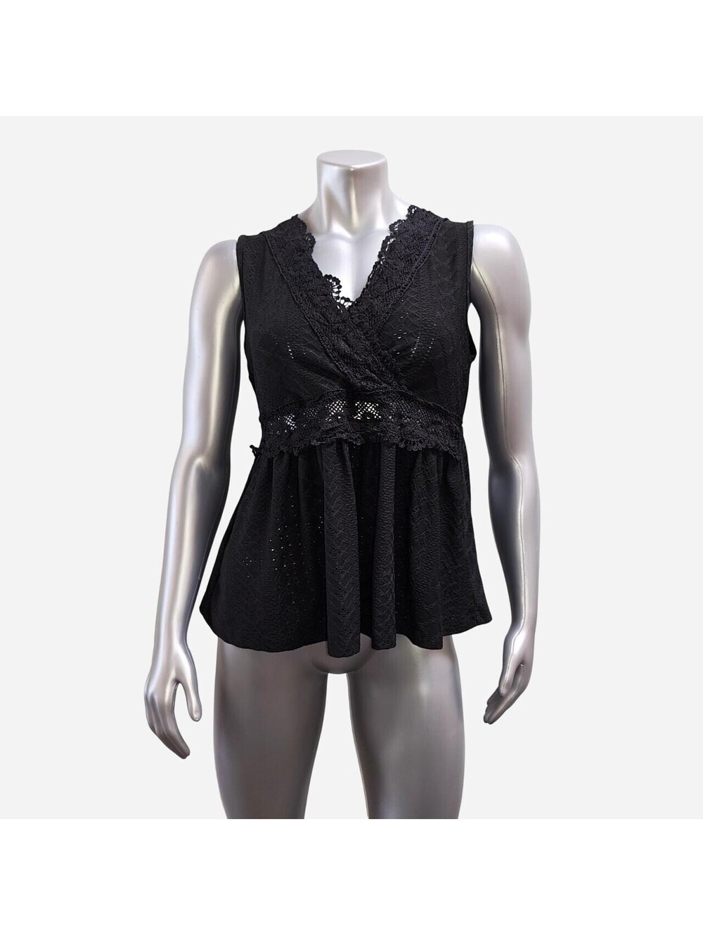 SHEIN Women's Black Lace Trim Babydoll Tank Top V-Neck Large Polyester